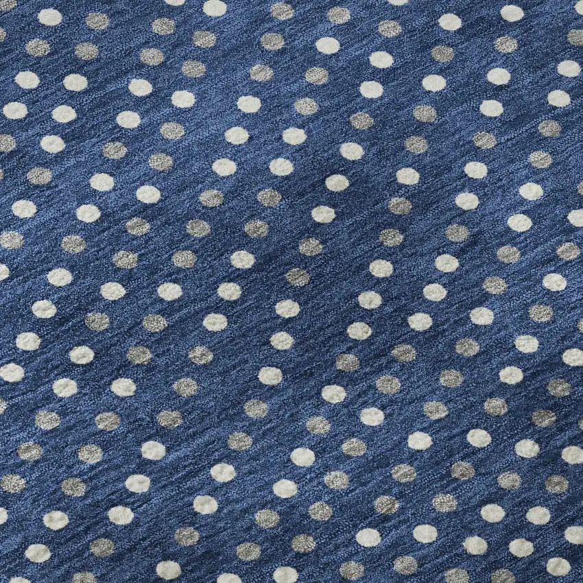 8' Navy Blue Ivory And Gray Polka Dot Washable Round Rug With UV Protection Photo 8