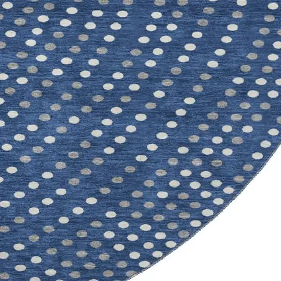 8' Navy Blue Ivory And Gray Polka Dot Washable Round Rug With UV Protection Photo 2