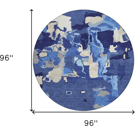 8' Navy Blue Ivory And Gray Round Abstract Washable Indoor Outdoor Area Rug Photo 3