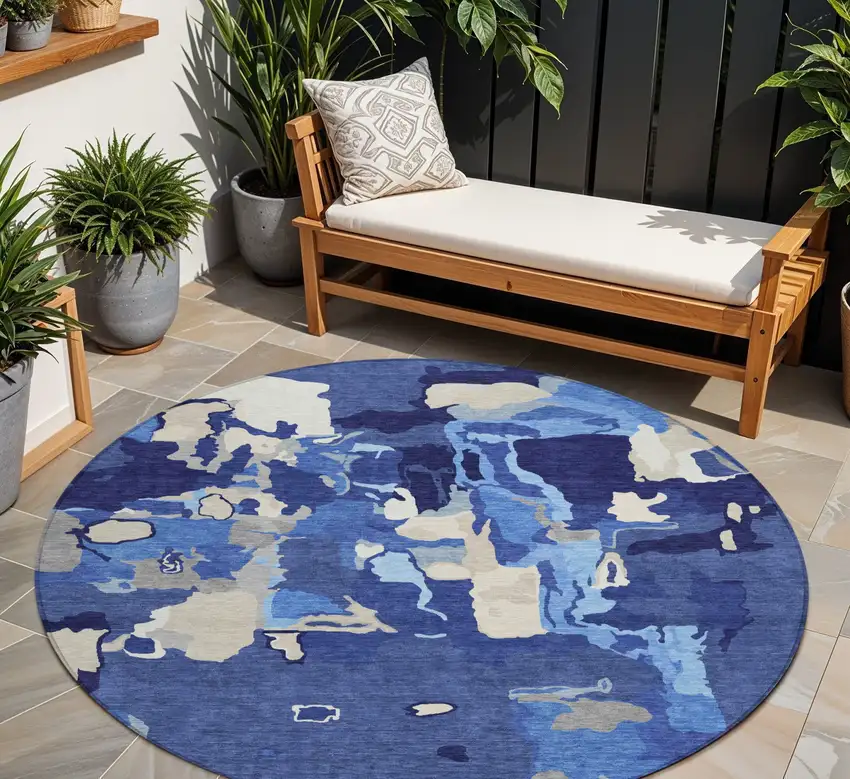 8' Navy Blue Ivory And Gray Round Abstract Washable Indoor Outdoor Area Rug Photo 1