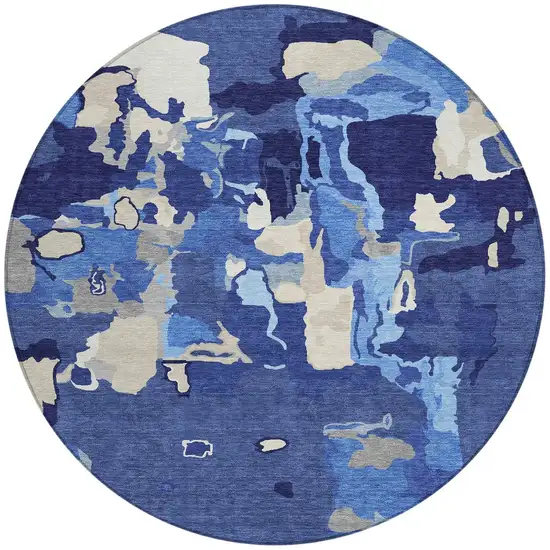 8' Navy Blue Ivory And Gray Round Abstract Washable Indoor Outdoor Area Rug Photo 6