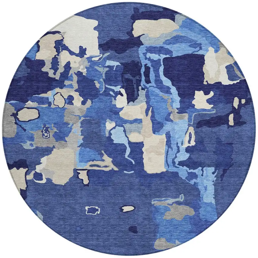8' Navy Blue Ivory And Gray Round Abstract Washable Indoor Outdoor Area Rug Photo 6