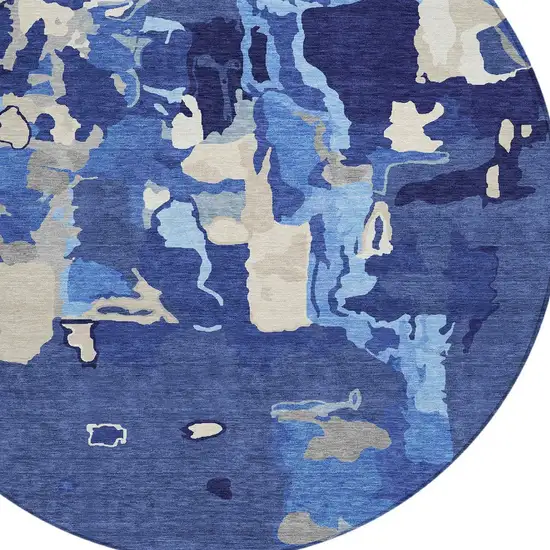 8' Navy Blue Ivory And Gray Round Abstract Washable Indoor Outdoor Area Rug Photo 5