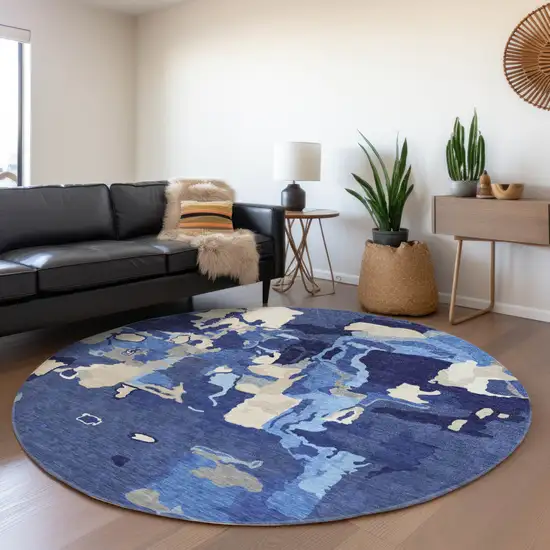 8' Navy Blue Ivory And Gray Round Abstract Washable Indoor Outdoor Area Rug Photo 8