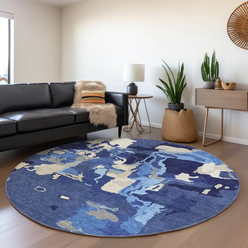 8' Navy Blue Ivory And Gray Round Abstract Washable Indoor Outdoor Area Rug Photo 8