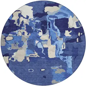 Photo of 8' Navy Blue Ivory And Gray Round Abstract Washable Indoor Outdoor Area Rug