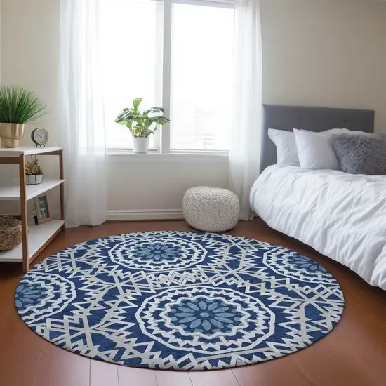 8' Navy Blue Ivory And Gray Round Floral Medallion Washable Indoor Outdoor Area Rug Photo 7