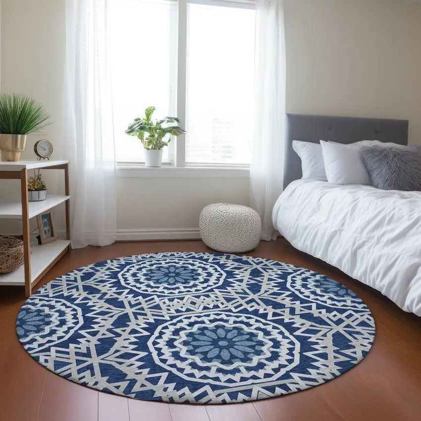 8' Navy Blue Ivory And Gray Round Floral Medallion Washable Indoor Outdoor Area Rug Photo 7