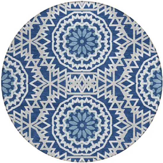 8' Navy Blue Ivory And Gray Round Floral Medallion Washable Indoor Outdoor Area Rug Photo 2