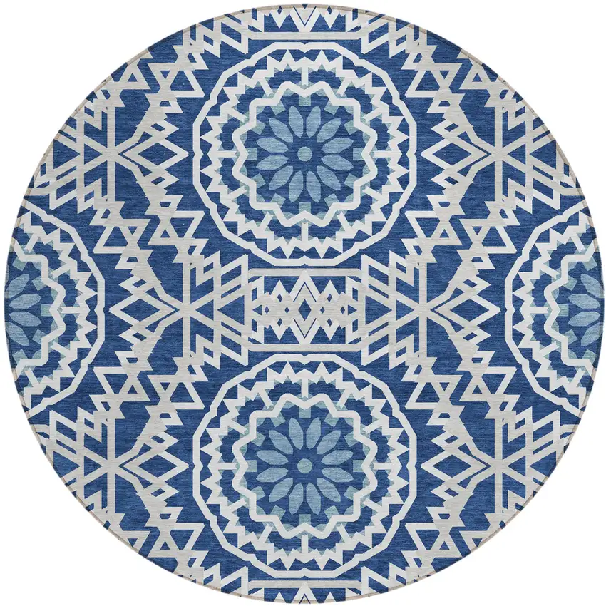 8' Navy Blue Ivory And Gray Round Floral Medallion Washable Indoor Outdoor Area Rug Photo 2