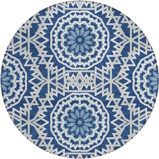 8' Navy Blue Ivory And Gray Round Floral Medallion Washable Indoor Outdoor Area Rug Photo 2