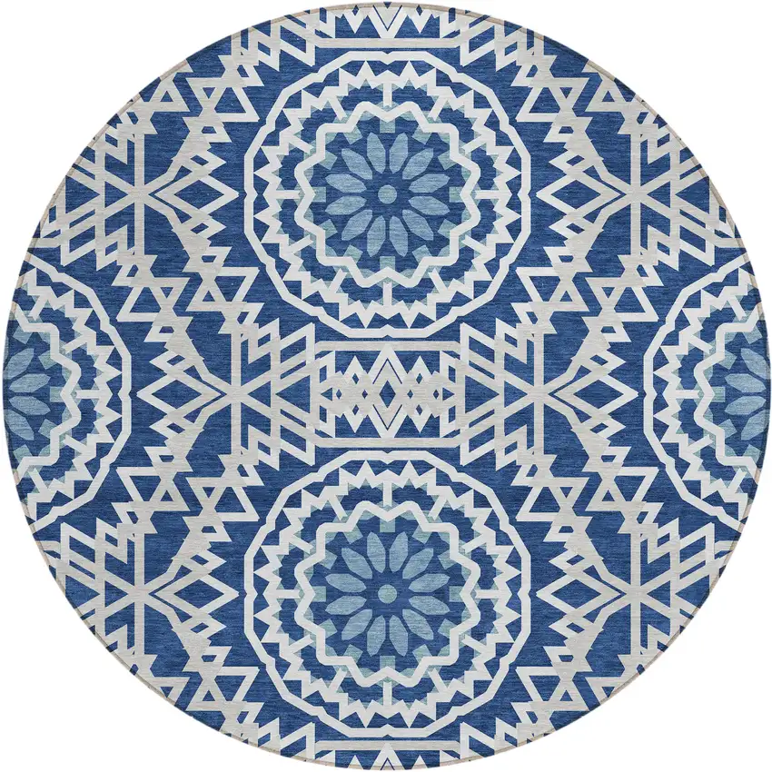 8' Navy Blue Ivory And Gray Round Floral Medallion Washable Indoor Outdoor Area Rug Photo 2