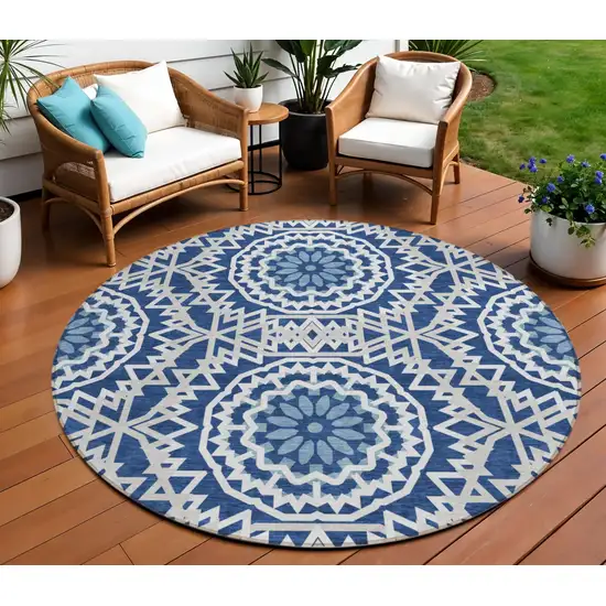 8' Navy Blue Ivory And Gray Round Floral Medallion Washable Indoor Outdoor Area Rug Photo 1