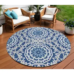 Photo of 8' Navy Blue Ivory And Gray Round Floral Medallion Washable Indoor Outdoor Area Rug