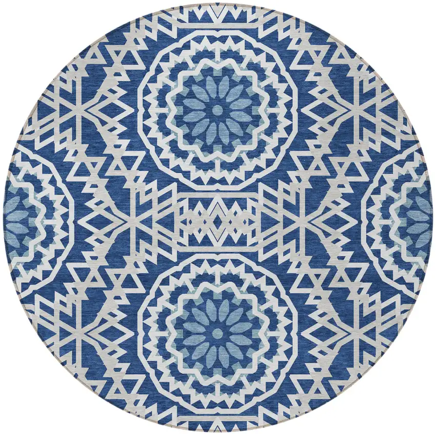 8' Navy Blue Ivory And Gray Round Floral Medallion Washable Indoor Outdoor Area Rug Photo 5