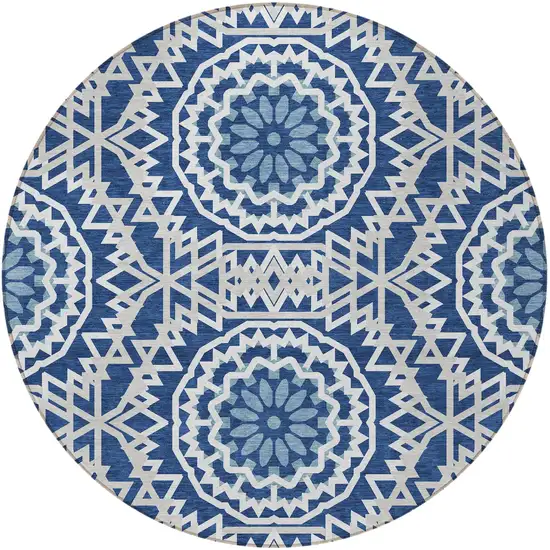 8' Navy Blue Ivory And Gray Round Floral Medallion Washable Indoor Outdoor Area Rug Photo 5