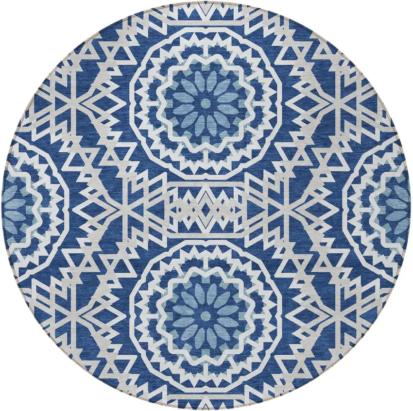 8' Navy Blue Ivory And Gray Round Floral Medallion Washable Indoor Outdoor Area Rug Photo 5