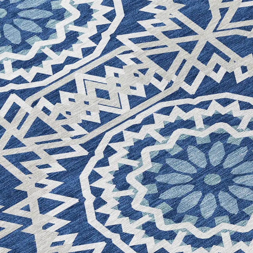 8' Navy Blue Ivory And Gray Round Floral Medallion Washable Indoor Outdoor Area Rug Photo 4