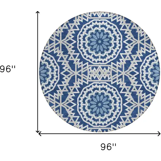 8' Navy Blue Ivory And Gray Round Floral Medallion Washable Indoor Outdoor Area Rug Photo 3