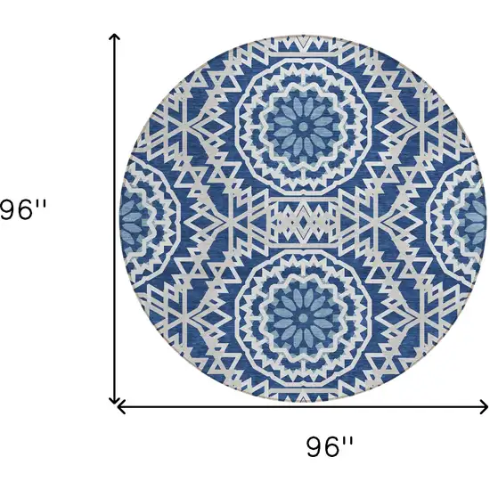 8' Navy Blue Ivory And Gray Round Floral Medallion Washable Indoor Outdoor Area Rug Photo 3
