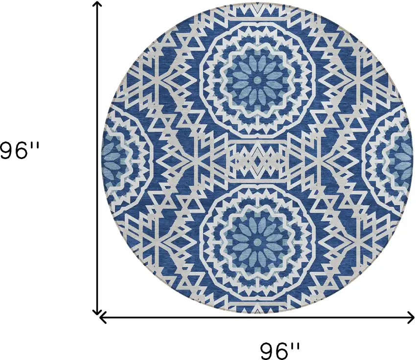 8' Navy Blue Ivory And Gray Round Floral Medallion Washable Indoor Outdoor Area Rug Photo 3