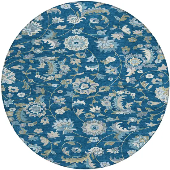 8' Navy Blue Ivory And Gray Round Floral Washable Indoor Outdoor Area Rug Photo 2