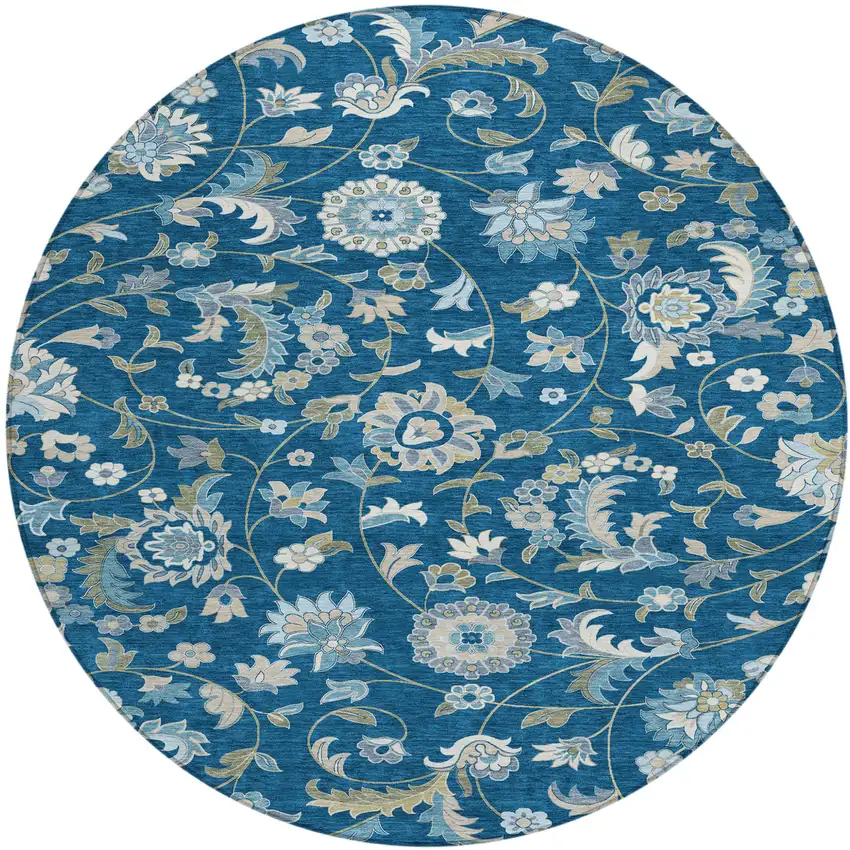 8' Navy Blue Ivory And Gray Round Floral Washable Indoor Outdoor Area Rug Photo 2