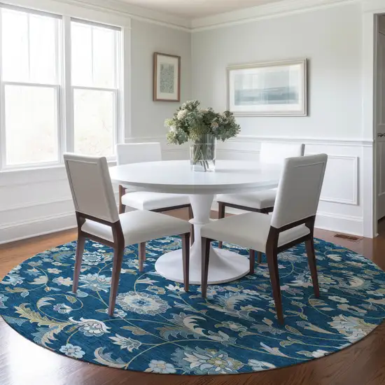 8' Navy Blue Ivory And Gray Round Floral Washable Indoor Outdoor Area Rug Photo 7