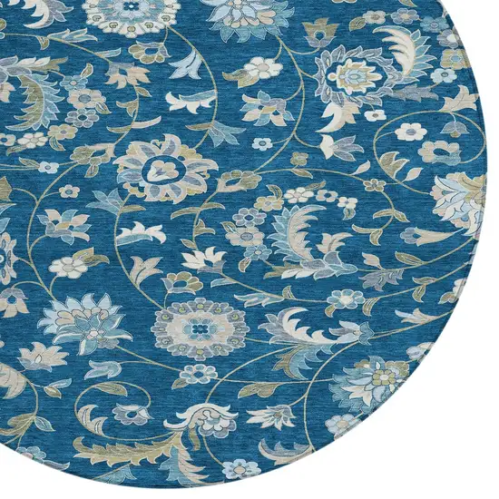 8' Navy Blue Ivory And Gray Round Floral Washable Indoor Outdoor Area Rug Photo 5