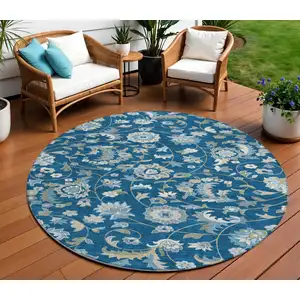 Photo of 8' Navy Blue Ivory And Gray Round Floral Washable Indoor Outdoor Area Rug