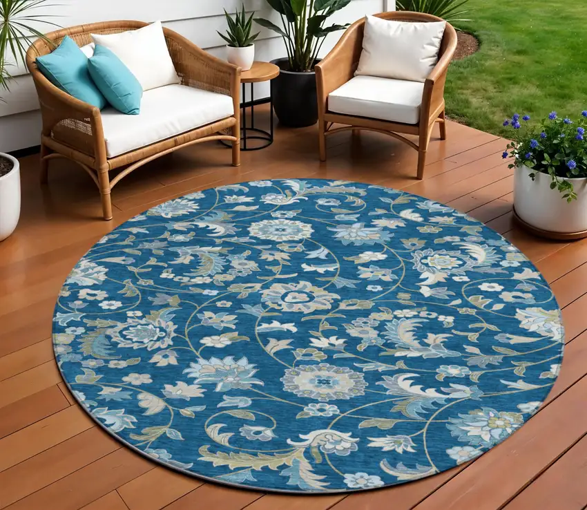 8' Navy Blue Ivory And Gray Round Floral Washable Indoor Outdoor Area Rug Photo 1