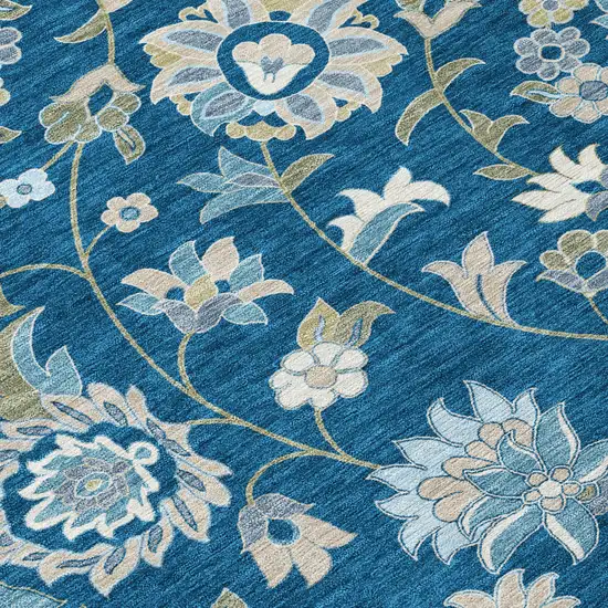 8' Navy Blue Ivory And Gray Round Floral Washable Indoor Outdoor Area Rug Photo 8