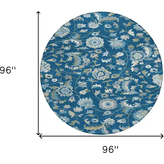 8' Navy Blue Ivory And Gray Round Floral Washable Indoor Outdoor Area Rug Photo 3
