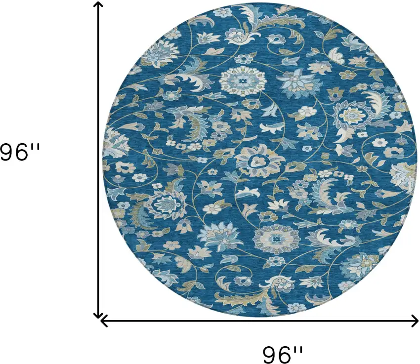8' Navy Blue Ivory And Gray Round Floral Washable Indoor Outdoor Area Rug Photo 3
