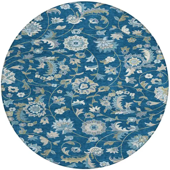 8' Navy Blue Ivory And Gray Round Floral Washable Indoor Outdoor Area Rug Photo 4