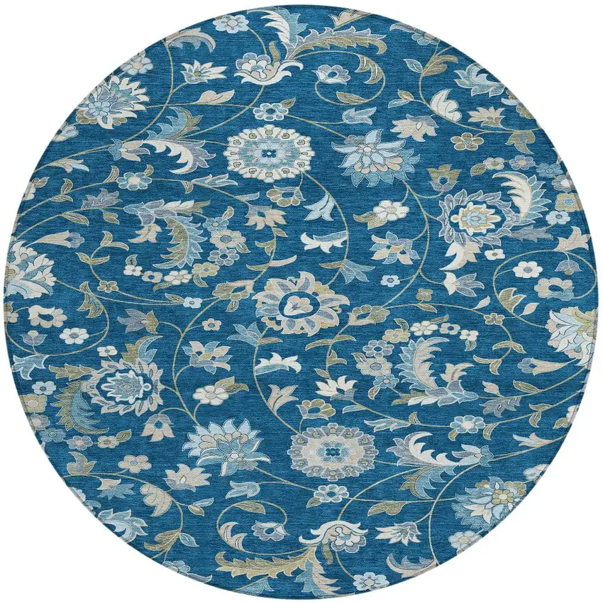 8' Navy Blue Ivory And Gray Round Floral Washable Indoor Outdoor Area Rug Photo 4