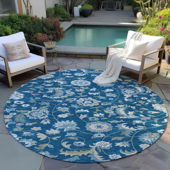8' Navy Blue Ivory And Gray Round Floral Washable Indoor Outdoor Area Rug Photo 6