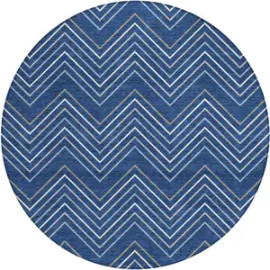 Photo of 8' Navy Blue Ivory And Gray Round Geometric Washable Indoor Outdoor Area Rug