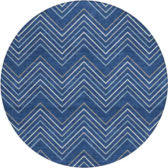 8' Navy Blue Ivory And Gray Round Geometric Washable Indoor Outdoor Area Rug Photo 1