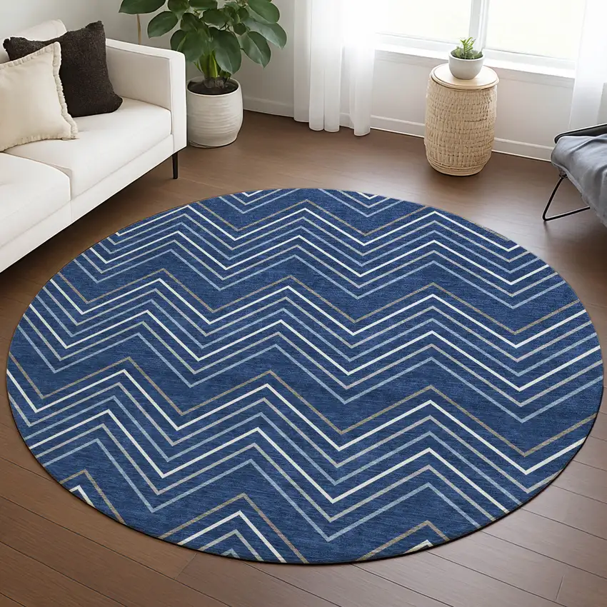 8' Navy Blue Ivory And Gray Round Geometric Washable Indoor Outdoor Area Rug Photo 5
