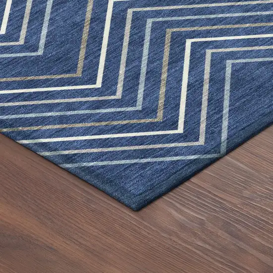 8' Navy Blue Ivory And Gray Round Geometric Washable Indoor Outdoor Area Rug Photo 8