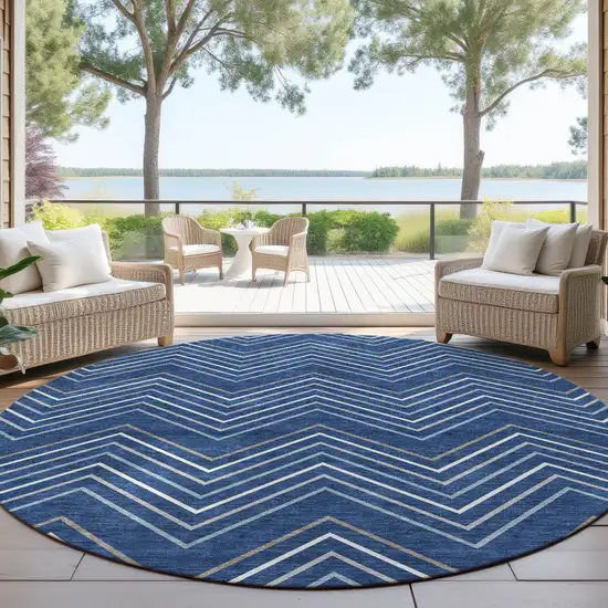 8' Navy Blue Ivory And Gray Round Geometric Washable Indoor Outdoor Area Rug Photo 4