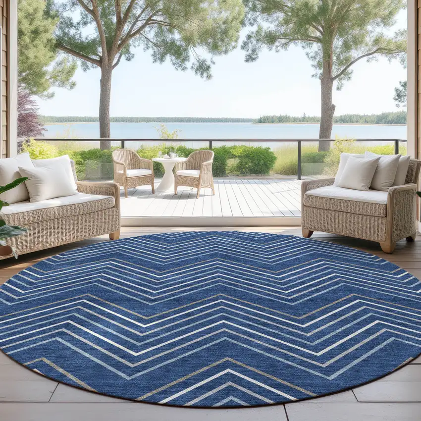 8' Navy Blue Ivory And Gray Round Geometric Washable Indoor Outdoor Area Rug Photo 4