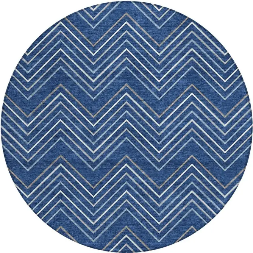 8' Navy Blue Ivory And Gray Round Geometric Washable Indoor Outdoor Area Rug Photo 2