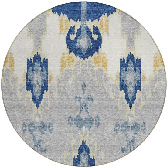 8' Navy Blue Ivory And Gray Round Ikat Washable Indoor Outdoor Area Rug Photo 6