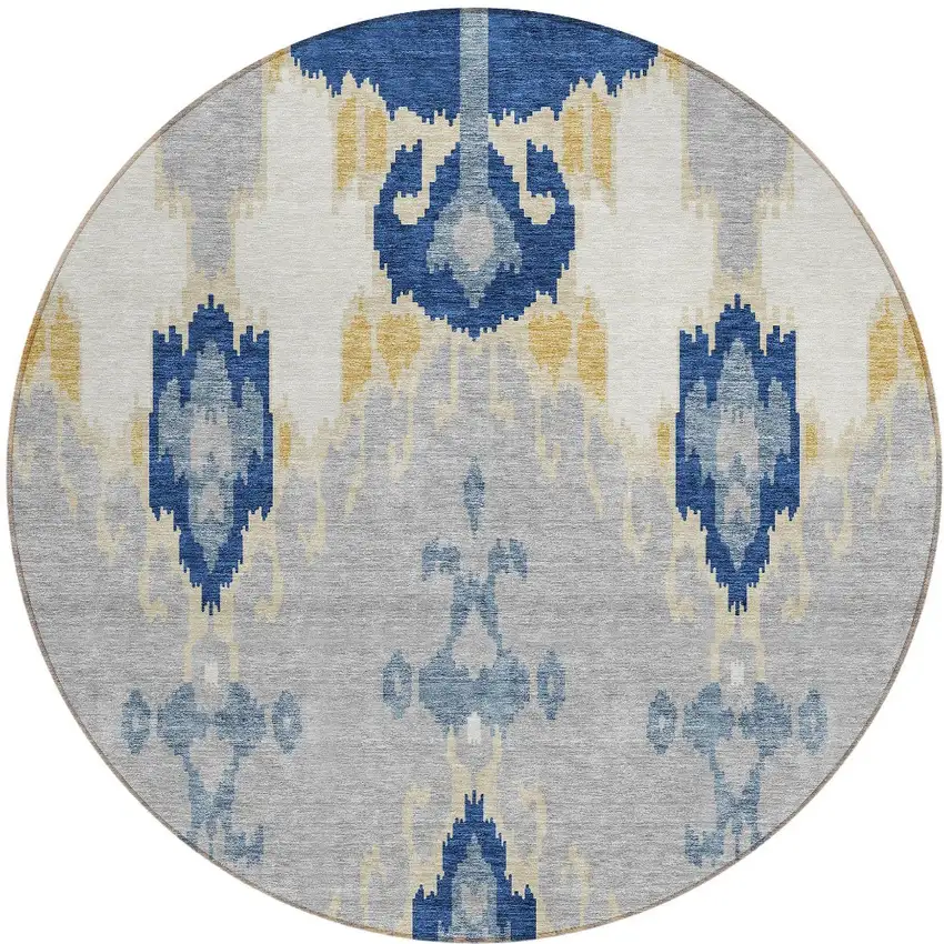 8' Navy Blue Ivory And Gray Round Ikat Washable Indoor Outdoor Area Rug Photo 6