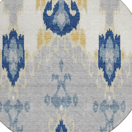 8' Navy Blue Ivory And Gray Round Ikat Washable Indoor Outdoor Area Rug Photo 5