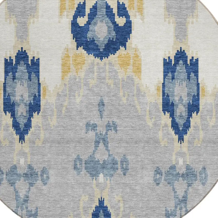 8' Navy Blue Ivory And Gray Round Ikat Washable Indoor Outdoor Area Rug Photo 5