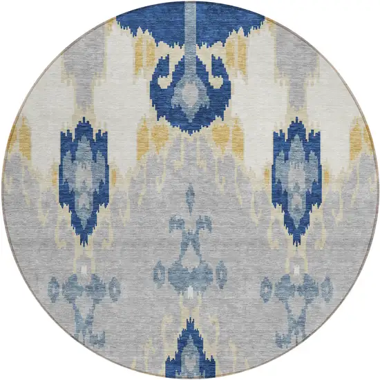 8' Navy Blue Ivory And Gray Round Ikat Washable Indoor Outdoor Area Rug Photo 1
