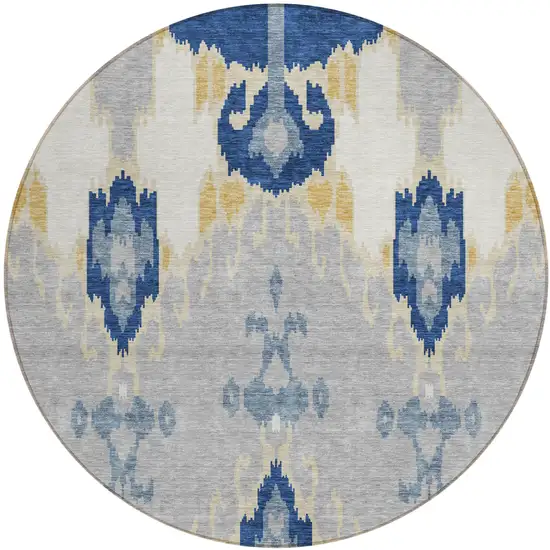 8' Navy Blue Ivory And Gray Round Ikat Washable Indoor Outdoor Area Rug Photo 1